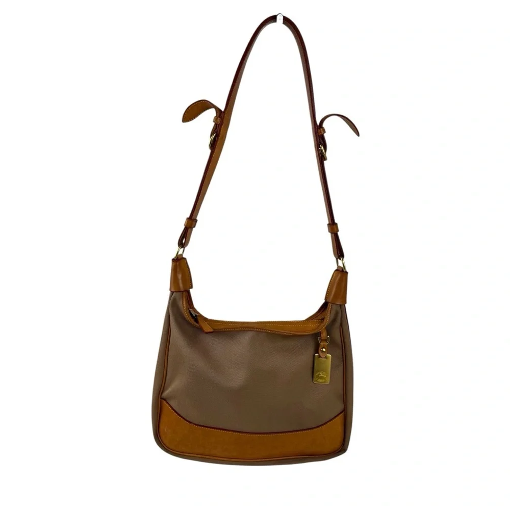 VTG Dooney & Bourke Canvas & Leather Hobo Large Crossbody Bag Tan Brown